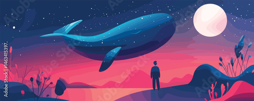 Dreamlike scene of a man observing a giant whale in a vibrant night sky.