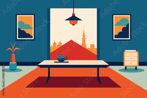 cultural fusion office with moroccan rug  japanese