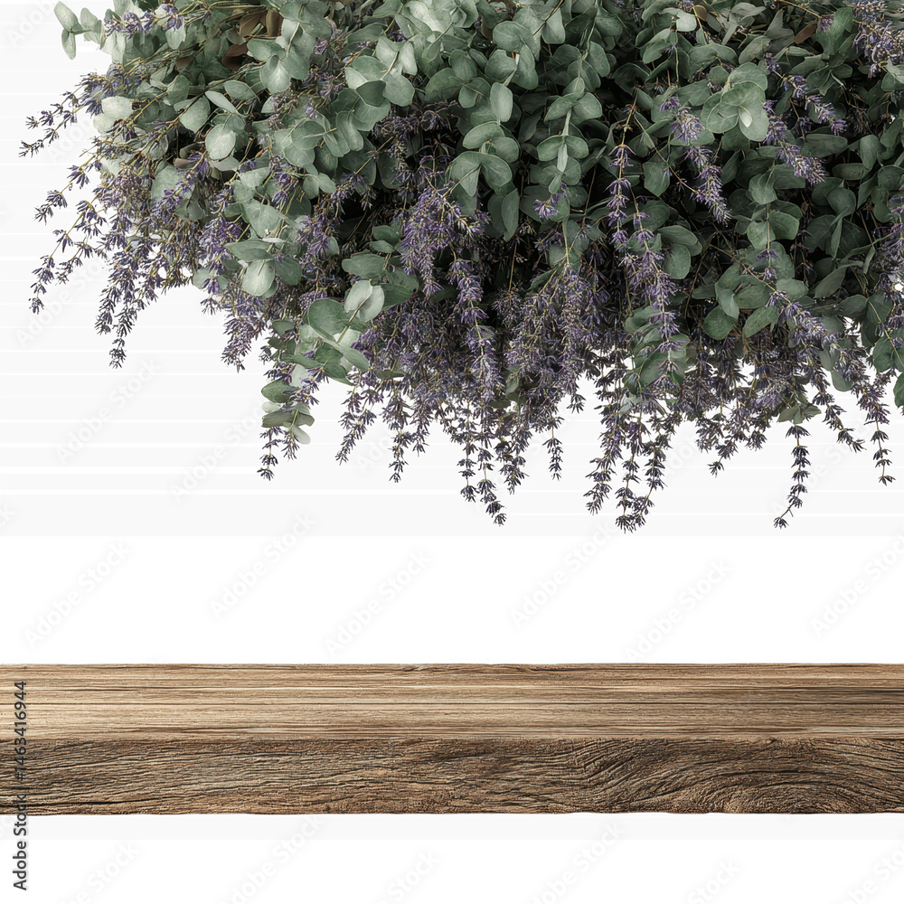 Fototapeta premium Rustic Wooden Table with Hanging Eucalyptus and Lavender Bouquet