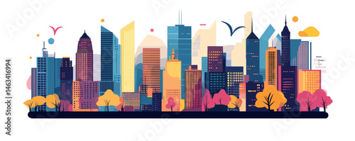 Colorful cityscape illustration with modern skyscrapers and autumn trees.