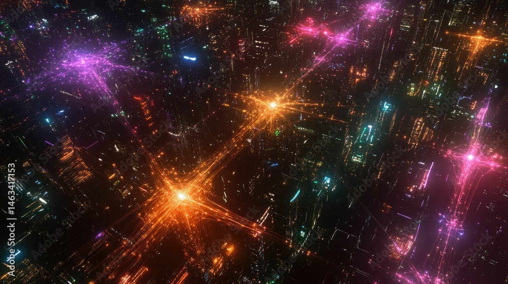 Fototapeta premium Neon city lights, glowing network streams.