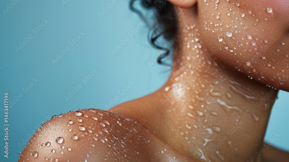 Fototapeta premium Close-up of a woman's dewy skin with water droplets on her face and shoulder against a blue background.