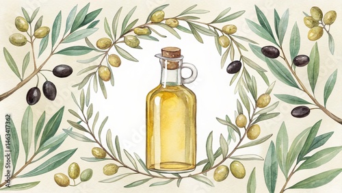 Watercolor Olive Branch Frame with Oil Bottle, Botanical Illustration, Olive Oil Concept, Healthy Food Olive Oil, Watercolor