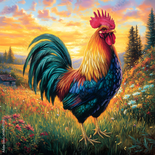 Majestic Rooster at Sunrise: Vibrant Colors and Rural Tranquility in Nature's Dawn