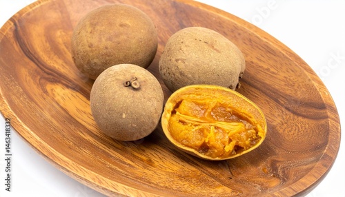 Ripe chico fruits with sandy brown skin and caramel-colored flesh on hand-carved wooden plate isolated background, full depth of field