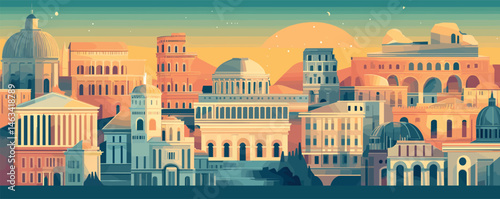 Sunset cityscape of ancient roman architecture with vibrant sky and majestic buildings.