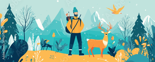 Man with backpack observing deer in forest with snow-capped mountains and wildlife.