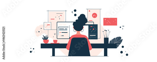Woman working on computer in modern office with data charts and plants.