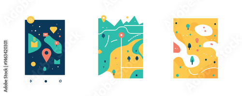 Minimalist infographic designs featuring abstract maps with location icons and geometric patterns.