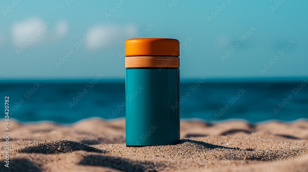 Teal Glass Bottle on Sandy Beach with Ocean Background Teal Glass Bottle on Sandy Beach with Ocean Background