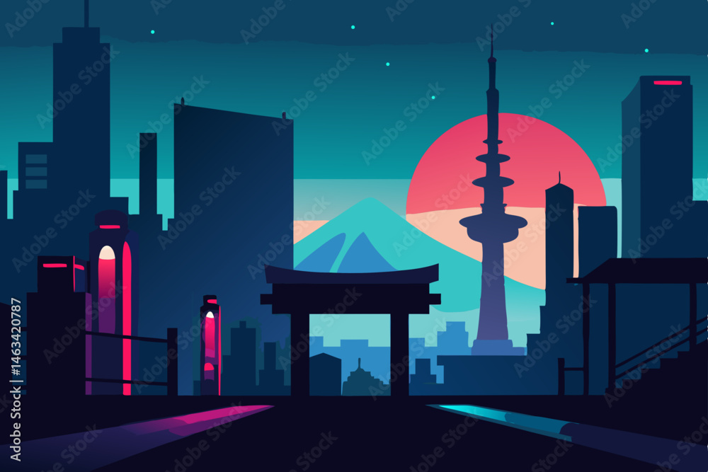 Fototapeta premium dark futuristic osaka with holographic billboards 