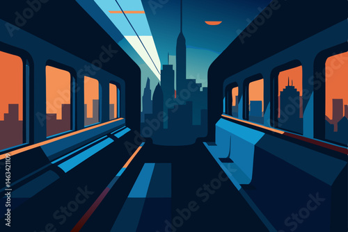 dark train interior with passing city lights 