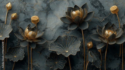3D wallpaper, golden lotus flowers on a stone background.