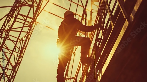 Construction Worker Climbing Scaffolding at Sunset