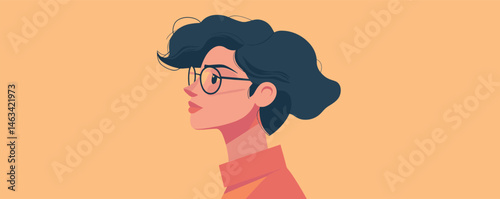 Side view of woman with glasses and short hair on orange background.