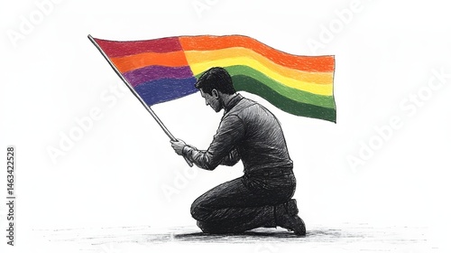 A person in humble reverence, holding a pride flag.