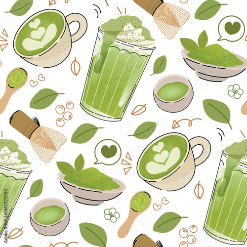 Vector background featuring a seamless matcha pattern with hand-drawn green tea elements — ideal for textiles, café wallpapers, wall art, and packaging design."