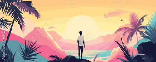 Tranquil sunrise over ocean with young man watching from tropical hillside.