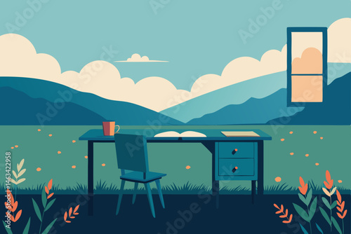 desk by a wildflower field with open air and soft 