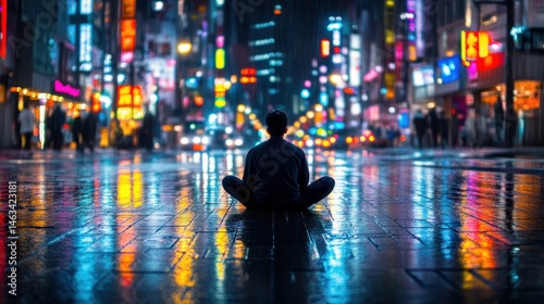 Wallpaper Mural Person meditating in vibrant city night street Torontodigital.ca