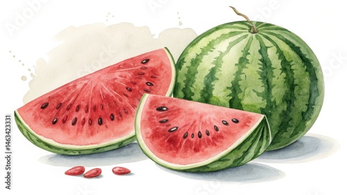 Watercolor Watermelon Whole and Sliced, Summer Fruit Illustration, Botanical Art, Watercolor Painting Watermelon, Summer Fruit