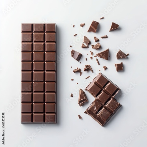 Chocolate bar and broken pieces isolated on white background