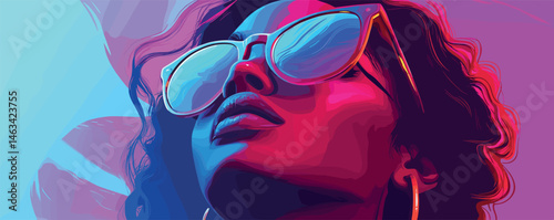 Vibrant artistic portrait of a young woman wearing sunglasses in colorful abstract style.