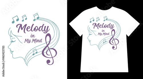 Feminine silhouette vector t-shirt design with music notes, creative expression, harmony, calm flow and artistic melody theme


