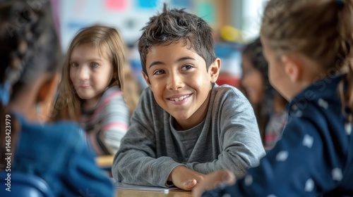 Smiling young boy in classroom, engaging with classmates during group activity.