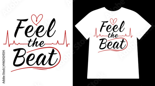 Dynamic t-shirt design featuring musical heartbeat pulse line, energetic beat theme and clean bold text layout

