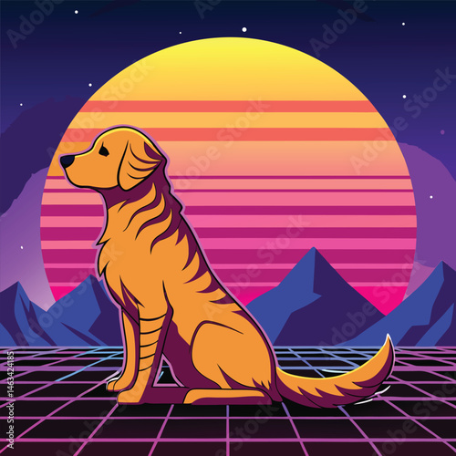 Cute happy puppy illustration on the moon, at night, and on the beach