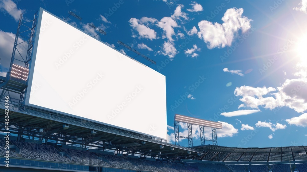 Obraz premium Empty stadium with a large blank screen under a bright blue sky with fluffy white clouds.