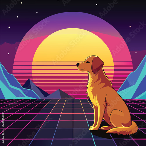 Cute happy puppy illustration on the moon, at night, and on the beach