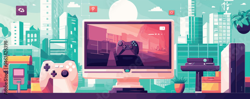 Retro gaming setup with computers and consoles in a futuristic cityscape.