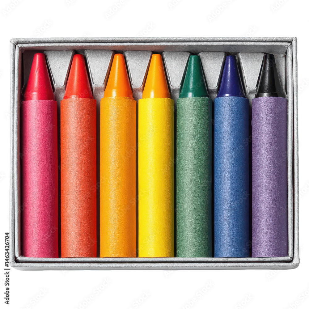 Naklejka premium Crayons in a Box: A vibrant display of colorful crayons neatly arranged within a box, each boasting a distinct hue, inviting creativity and imagination.