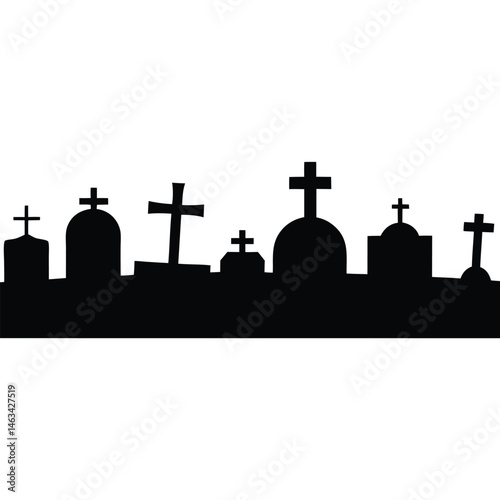 Blue night sky silhouettes a religious church tower and cemetery crosses in a city skyline