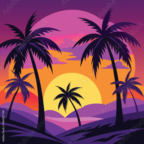 Tropical beach sunset with silhouetted palm trees