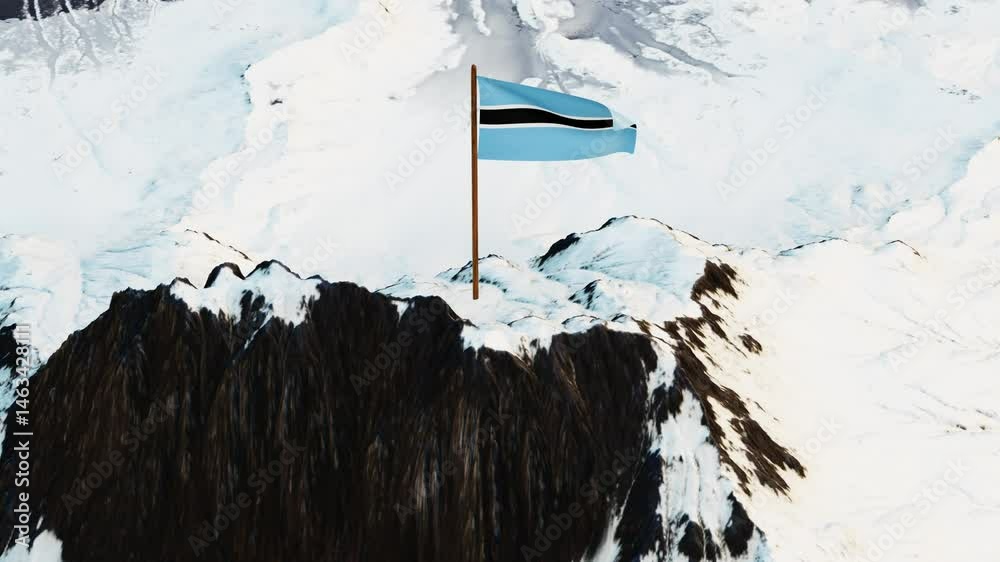 Dynamic 3D animation showcasing the Botswana flag with its sky blue field and central black stripe edged in white, fluttering atop a snowy mountain summit, embodying the nation's unity and enduring st
