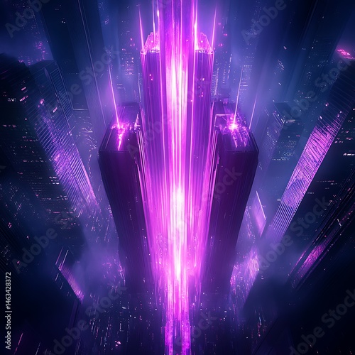A futuristic city scene with illuminated high rise buildings