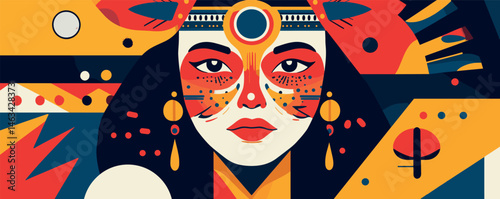 Abstract portrait of a woman with geometric patterns and bold colors.