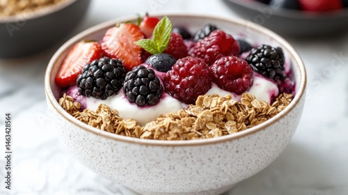 Fresh mixed berry parfait with granola, yogurt, strawberry and mint