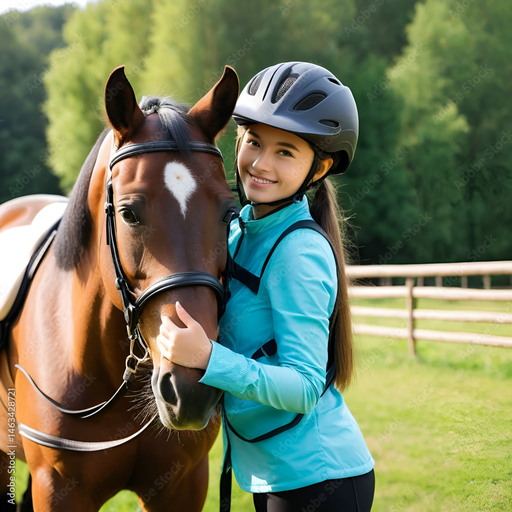 Obraz premium Girl, horse and hug outdoor for animal care, bonding and companion by countryside with riding helmet. Rider, pet and embrace outside for connection, love and trust while on equestrian practice break