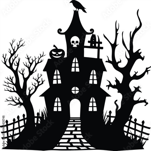Spooky haunted Halloween house with bats and a tree silhouette against a dark, autumn night and moon