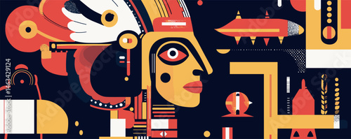 Abstract geometric art with bold colors and tribal mask design.