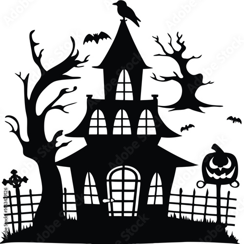 Spooky haunted Halloween house with bats and a tree silhouette against a dark, autumn night and moon