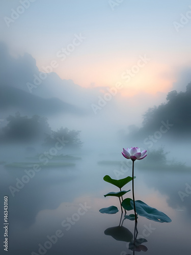 Serene morning mist veils a tranquil landscape as a lone lotus blooms, symbolizing the unfolding of higher awareness in the realm of inner silence.