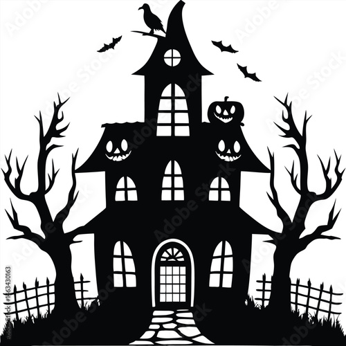 Spooky haunted Halloween house with bats and a tree silhouette against a dark, autumn night and moon