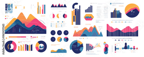 Colorful data visualization with multiple charts and graphs displaying statistical information.