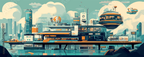 Futuristic cityscape with advanced technology and hovering vehicles in a sci-fi setting.