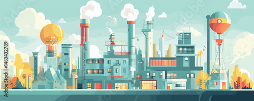 Colorful industrial cityscape with smokestacks and hot air balloons in a vibrant skyline